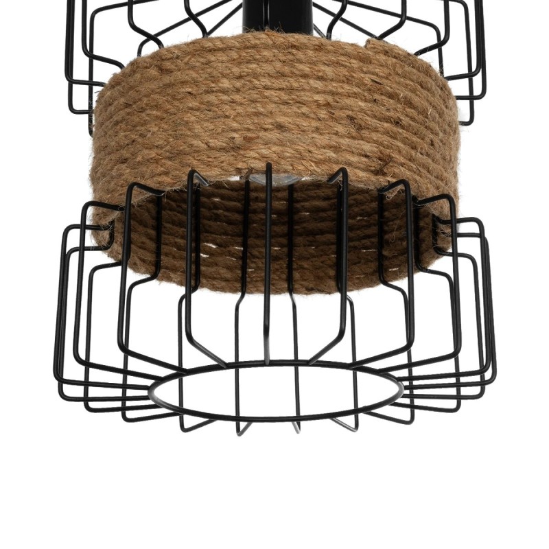 GloboStar® ORB 201-0096 Vintage Κρεμαστό Φωτιστικό Πλέγμα Μονόφωτο 1 x E27 IP20 Μαύρο Μέταλλο με Μπεζ Σχοινί - Μ28 x Π28 x Υ80cm