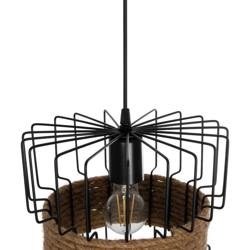 GloboStar® ORB 201-0096 Vintage Κρεμαστό Φωτιστικό Πλέγμα Μονόφωτο 1 x E27 IP20 Μαύρο Μέταλλο με Μπεζ Σχοινί - Μ28 x Π28 x Υ80cm