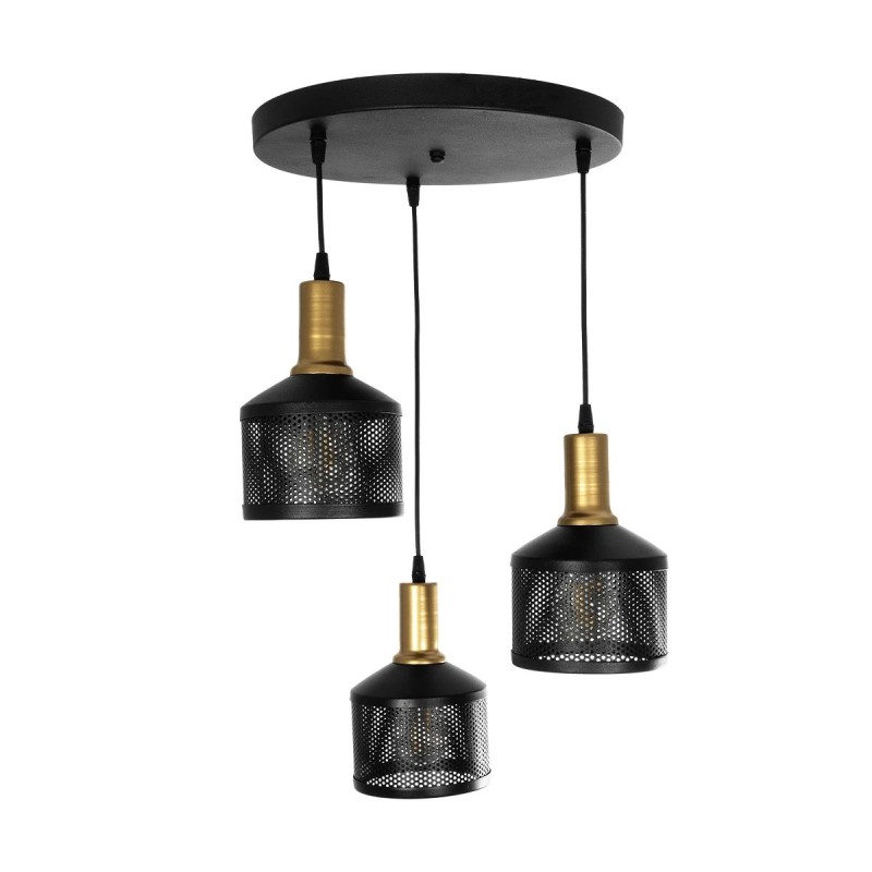 GloboStar® RADIANT 201-0097 Vintage Κρεμαστό Φωτιστικό Πλέγμα Τρίφωτο 3 x E27 IP20 Μαύρο & Χρυσό Μέταλλο - Μ30 x Π30 x Υ80cm