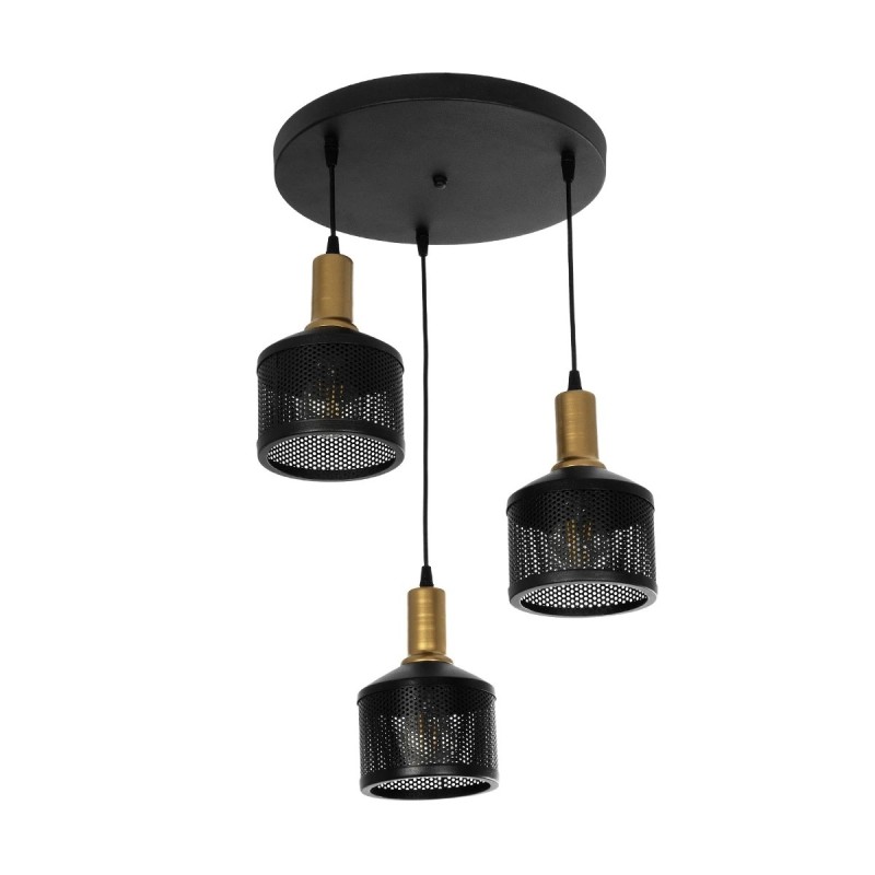 GloboStar® RADIANT 201-0097 Vintage Κρεμαστό Φωτιστικό Πλέγμα Τρίφωτο 3 x E27 IP20 Μαύρο & Χρυσό Μέταλλο - Μ30 x Π30 x Υ80cm