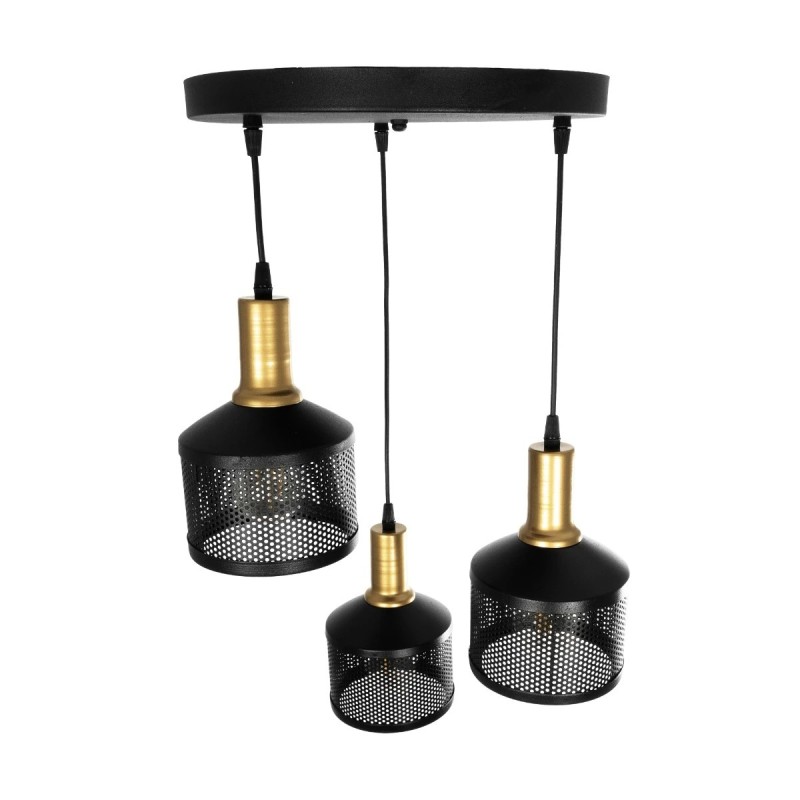 GloboStar® RADIANT 201-0097 Vintage Κρεμαστό Φωτιστικό Πλέγμα Τρίφωτο 3 x E27 IP20 Μαύρο & Χρυσό Μέταλλο - Μ30 x Π30 x Υ80cm