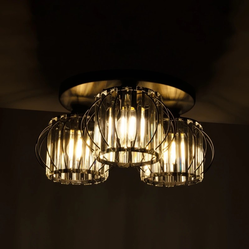 GloboStar® ILLUME 201-0100 Vintage Φωτιστικό Οροφής Κρύσταλλα Τρίφωτο 3 x E27 IP20 Μαύρο & Χρυσό Μέταλλο με Διάφανο Γυαλί - Μ35 x Π35 x Υ40cm