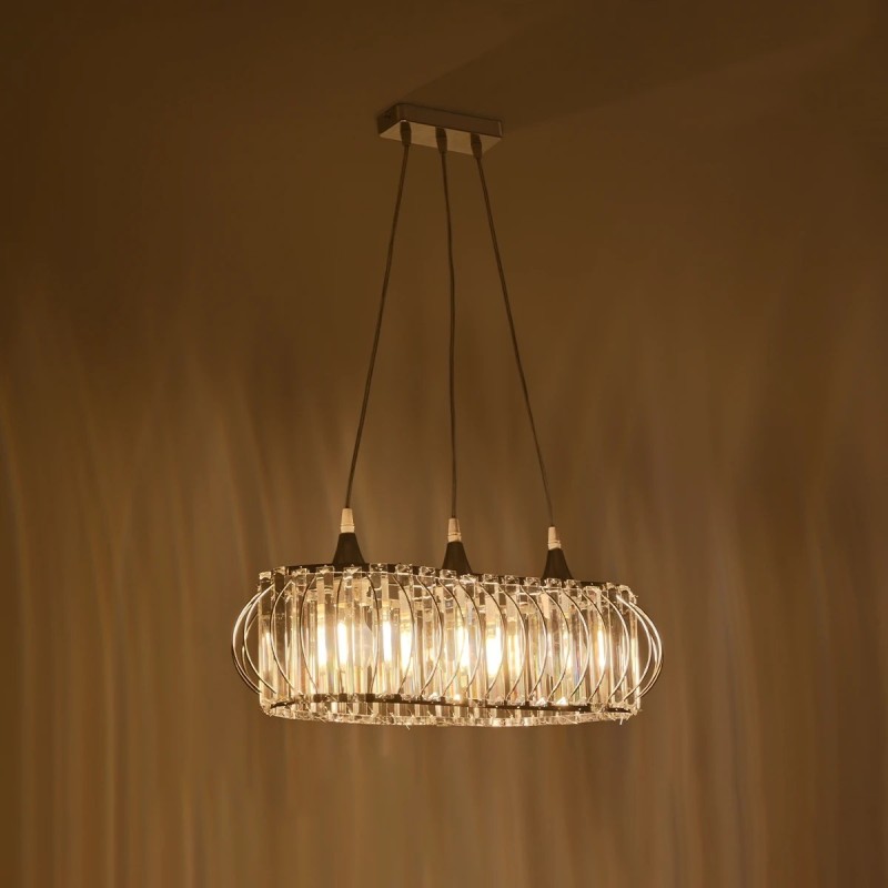 GloboStar® RAZIA 201-0101 Vintage Κρεμαστό Φωτιστικό Κρύσταλλα Τρίφωτο 3 x E27 IP20 Ασημί Μέταλλο με Διάφανο Γυαλί - Μ60 x Π40 x Υ70cm