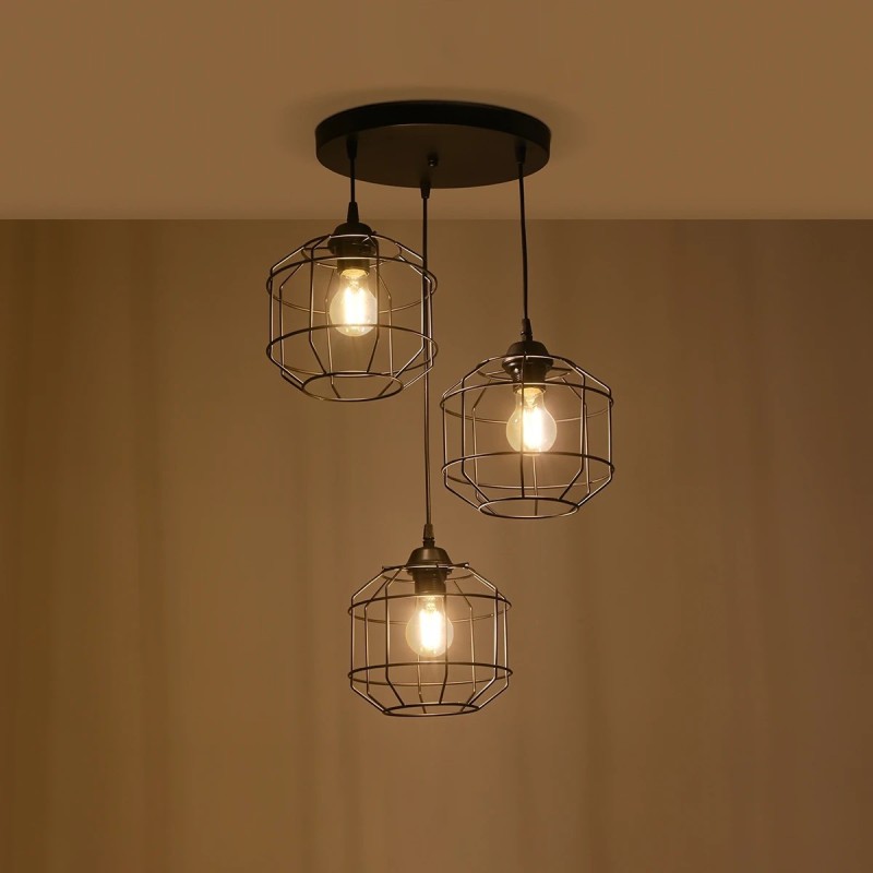 GloboStar® RAYNO 201-0108 Vintage Κρεμαστό Φωτιστικό Πλέγμα Τρίφωτο 3 x E27 IP20 Μαύρο Μέταλλο - Μ40 x Π40 x Υ60cm