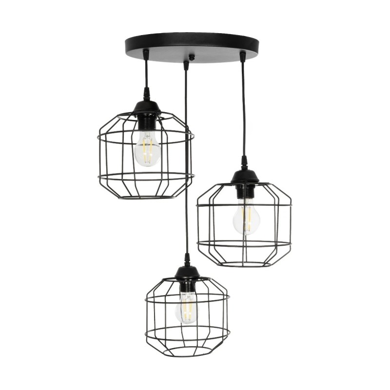 GloboStar® RAYNO 201-0108 Vintage Κρεμαστό Φωτιστικό Πλέγμα Τρίφωτο 3 x E27 IP20 Μαύρο Μέταλλο - Μ40 x Π40 x Υ60cm