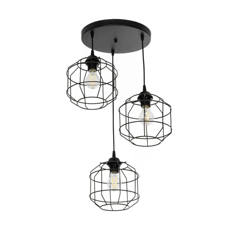 GloboStar® RAYNO 201-0108 Vintage Κρεμαστό Φωτιστικό Πλέγμα Τρίφωτο 3 x E27 IP20 Μαύρο Μέταλλο - Μ40 x Π40 x Υ60cm