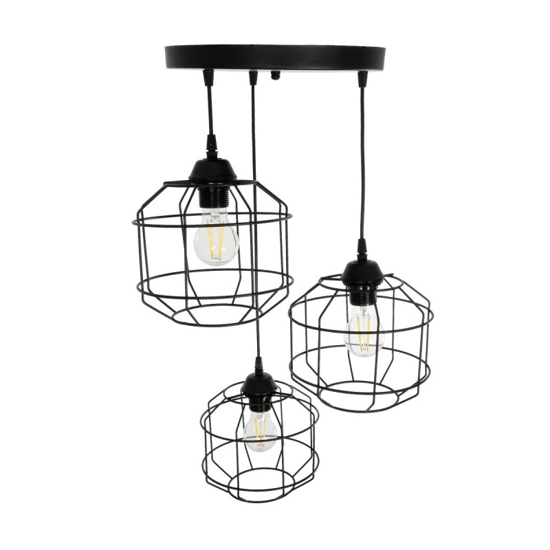 GloboStar® RAYNO 201-0108 Vintage Κρεμαστό Φωτιστικό Πλέγμα Τρίφωτο 3 x E27 IP20 Μαύρο Μέταλλο - Μ40 x Π40 x Υ60cm