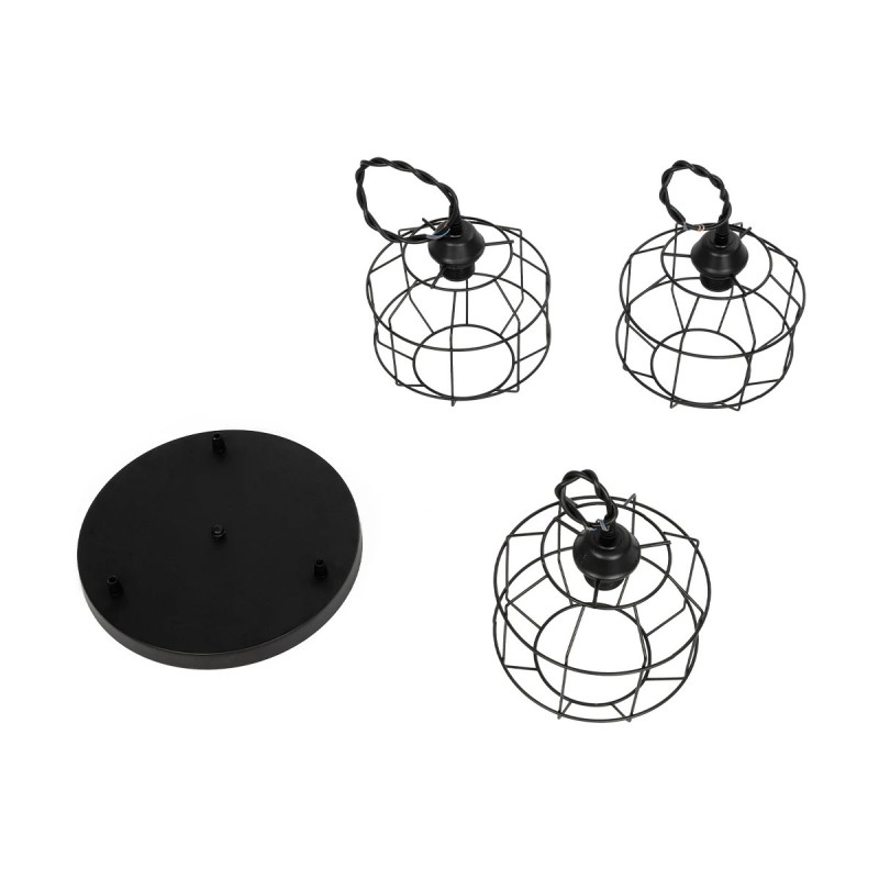 GloboStar® RAYNO 201-0108 Vintage Κρεμαστό Φωτιστικό Πλέγμα Τρίφωτο 3 x E27 IP20 Μαύρο Μέταλλο - Μ40 x Π40 x Υ60cm