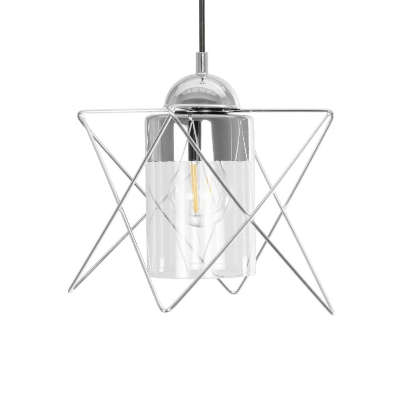 GloboStar® PLEX 202-0038 Μοντέρνο Κρεμαστό Φωτιστικό Πλέγμα Μονόφωτο 1 x E27 IP20 Ασημί Μέταλλο με Διάφανο Γυαλί - Μ20 x Π20 x Υ70cm