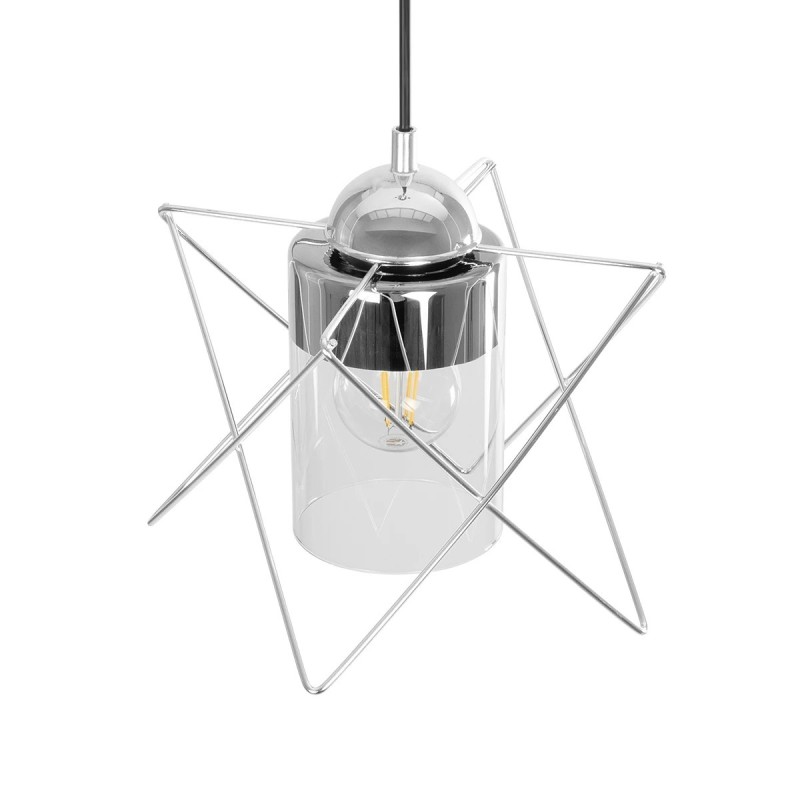 GloboStar® PLEX 202-0038 Μοντέρνο Κρεμαστό Φωτιστικό Πλέγμα Μονόφωτο 1 x E27 IP20 Ασημί Μέταλλο με Διάφανο Γυαλί - Μ20 x Π20 x Υ70cm