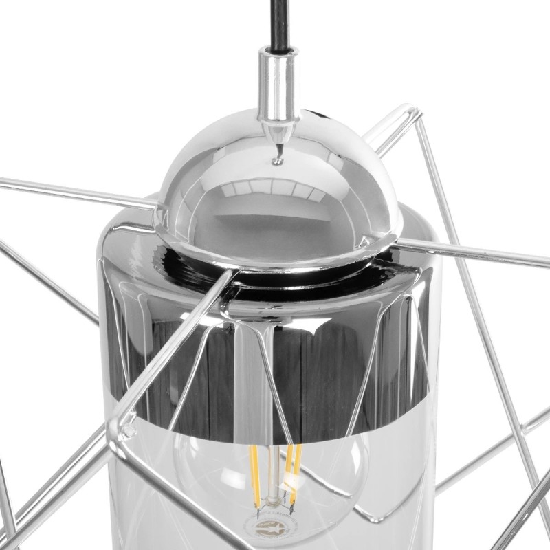 GloboStar® PLEX 202-0038 Μοντέρνο Κρεμαστό Φωτιστικό Πλέγμα Μονόφωτο 1 x E27 IP20 Ασημί Μέταλλο με Διάφανο Γυαλί - Μ20 x Π20 x Υ70cm