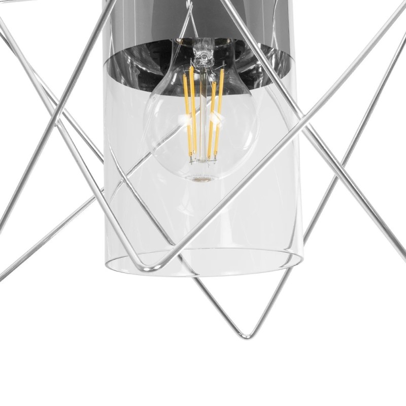 GloboStar® PLEX 202-0038 Μοντέρνο Κρεμαστό Φωτιστικό Πλέγμα Μονόφωτο 1 x E27 IP20 Ασημί Μέταλλο με Διάφανο Γυαλί - Μ20 x Π20 x Υ70cm