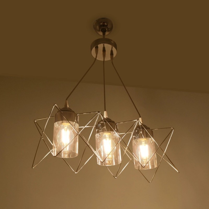GloboStar® PLEX 202-0039 Μοντέρνο Κρεμαστό Φωτιστικό Πλέγμα Τρίφωτο 3 x E27 IP20 Ασημί Μέταλλο με Διάφανο Γυαλί - Μ55 x Π20 x Υ70cm