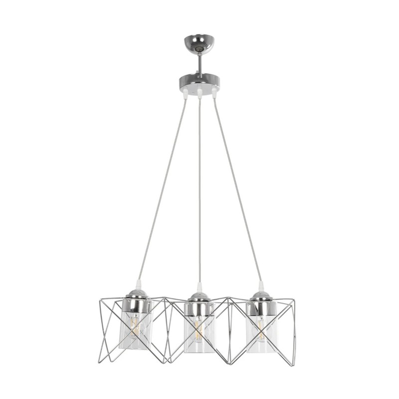 GloboStar® PLEX 202-0039 Μοντέρνο Κρεμαστό Φωτιστικό Πλέγμα Τρίφωτο 3 x E27 IP20 Ασημί Μέταλλο με Διάφανο Γυαλί - Μ55 x Π20 x Υ70cm