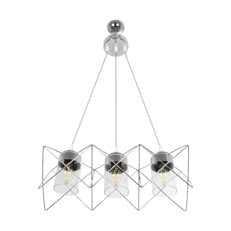 GloboStar® PLEX 202-0039 Μοντέρνο Κρεμαστό Φωτιστικό Πλέγμα Τρίφωτο 3 x E27 IP20 Ασημί Μέταλλο με Διάφανο Γυαλί - Μ55 x Π20 x Υ70cm