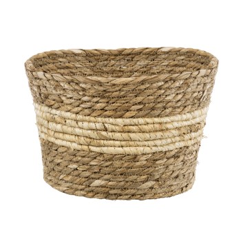 GloboStar® Artificial Garden KYTHIRA 20273 Διακοσμητικό Πλεκτό Καλάθι - Κασπώ Γλάστρα - Flower Pot Μπεζ με Λευκό Φ22cm x Υ15cm