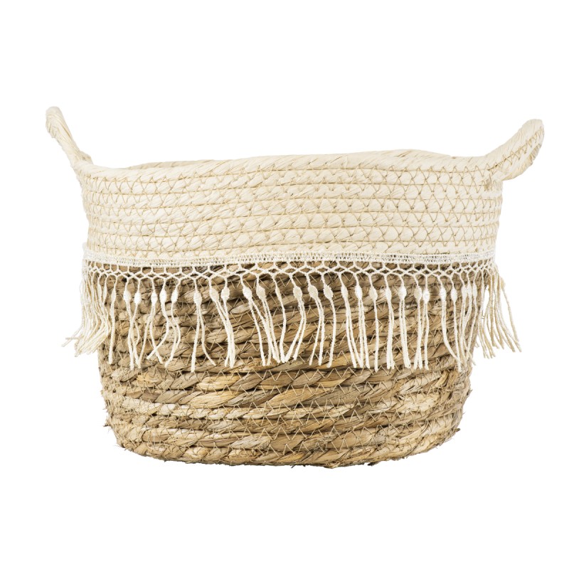 GloboStar® Artificial Garden MYKONOS 20279 Διακοσμητικό Πλεκτό Καλάθι - Κασπώ Γλάστρα - Flower Pot Μπεζ με Μακραμέ Φ22cm x Υ15cm