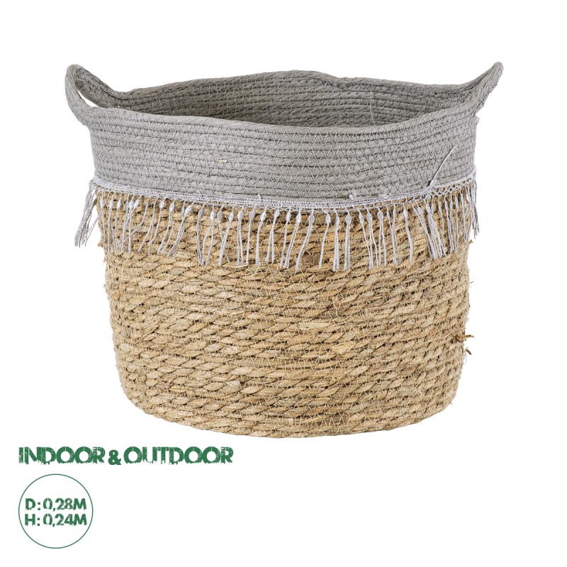GloboStar® Artificial Garden SYROS 20283 Διακοσμητικό Πλεκτό Καλάθι - Κασπώ Γλάστρα - Flower Pot Μπεζ με Γκρι Φ28cm x Υ24cm