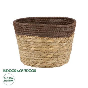 GloboStar® Artificial Garden LEFKADA 20287 Διακοσμητικό Πλεκτό Καλάθι - Κασπώ Γλάστρα - Flower Pot Μπεζ με Καφέ Φ22cm x Υ15cm