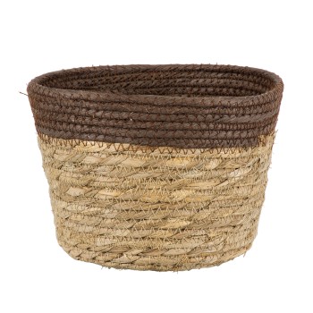 GloboStar® Artificial Garden LEFKADA 20287 Διακοσμητικό Πλεκτό Καλάθι - Κασπώ Γλάστρα - Flower Pot Μπεζ με Καφέ Φ22cm x Υ15cm