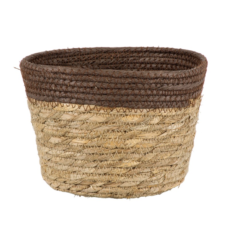 GloboStar® Artificial Garden LEFKADA 20287 Διακοσμητικό Πλεκτό Καλάθι - Κασπώ Γλάστρα - Flower Pot Μπεζ με Καφέ Φ22cm x Υ15cm
