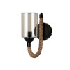 GloboStar® RIFT 203-0002 Vintage Επιτοίχιο Φωτιστικό Απλίκα Σχοινί Μονόφωτο 1 x E27 IP20 Μαύρο Μέταλλο με Μπεζ Σχοινί με Φιμέ Γυαλί - Μ22.5 x Π22.5 x Υ28.5cm