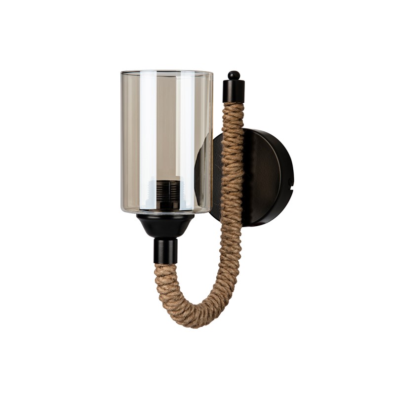 GloboStar® RIFT 203-0002 Vintage Επιτοίχιο Φωτιστικό Απλίκα Σχοινί Μονόφωτο 1 x E27 IP20 Μαύρο Μέταλλο με Μπεζ Σχοινί με Φιμέ Γυαλί - Μ22.5 x Π22.5 x Υ28.5cm