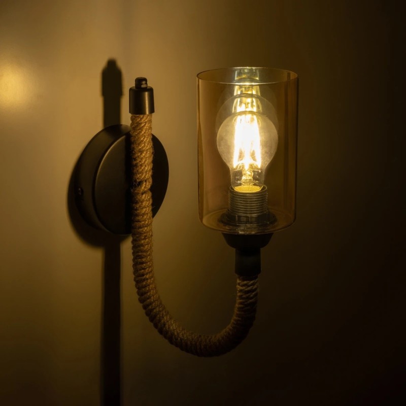 GloboStar® RIFT 203-0002 Vintage Επιτοίχιο Φωτιστικό Απλίκα Σχοινί Μονόφωτο 1 x E27 IP20 Μαύρο Μέταλλο με Μπεζ Σχοινί με Φιμέ Γυαλί - Μ22.5 x Π22.5 x Υ28.5cm