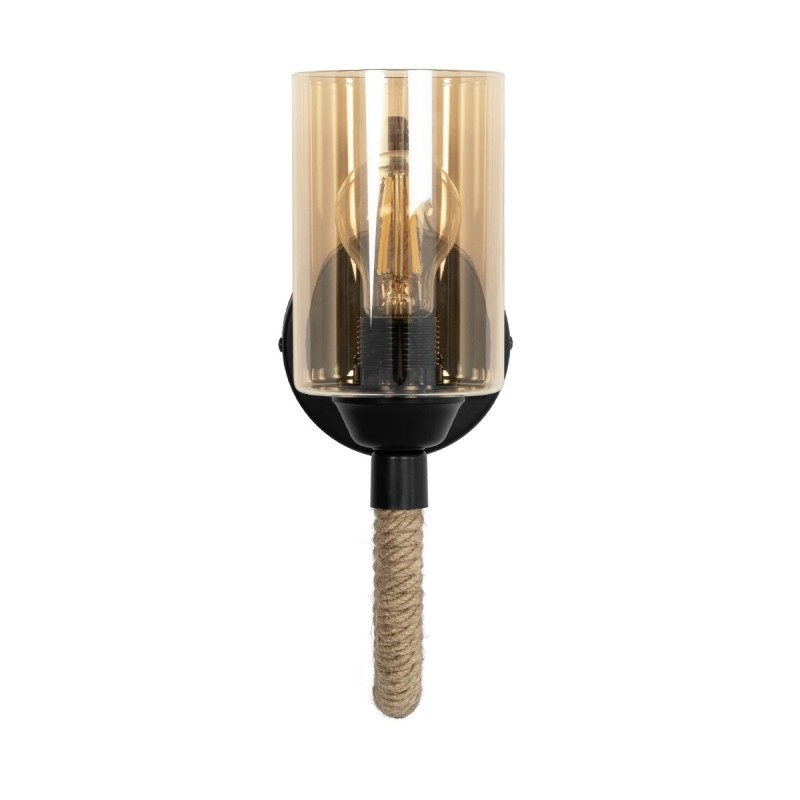 GloboStar® RIFT 203-0002 Vintage Επιτοίχιο Φωτιστικό Απλίκα Σχοινί Μονόφωτο 1 x E27 IP20 Μαύρο Μέταλλο με Μπεζ Σχοινί με Φιμέ Γυαλί - Μ22.5 x Π22.5 x Υ28.5cm