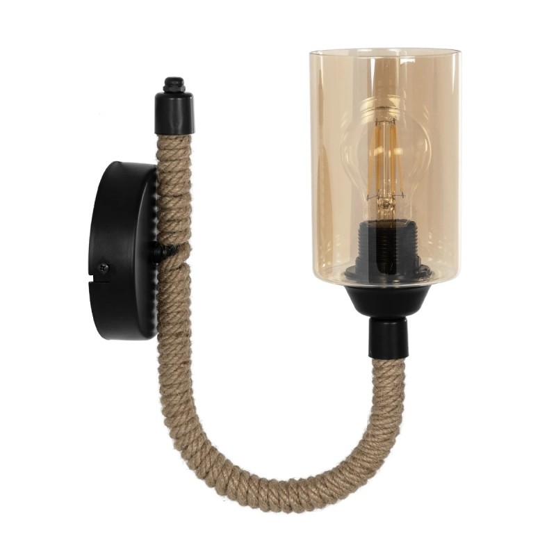 GloboStar® RIFT 203-0002 Vintage Επιτοίχιο Φωτιστικό Απλίκα Σχοινί Μονόφωτο 1 x E27 IP20 Μαύρο Μέταλλο με Μπεζ Σχοινί με Φιμέ Γυαλί - Μ22.5 x Π22.5 x Υ28.5cm