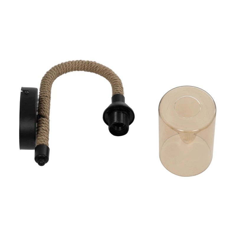 GloboStar® RIFT 203-0002 Vintage Επιτοίχιο Φωτιστικό Απλίκα Σχοινί Μονόφωτο 1 x E27 IP20 Μαύρο Μέταλλο με Μπεζ Σχοινί με Φιμέ Γυαλί - Μ22.5 x Π22.5 x Υ28.5cm