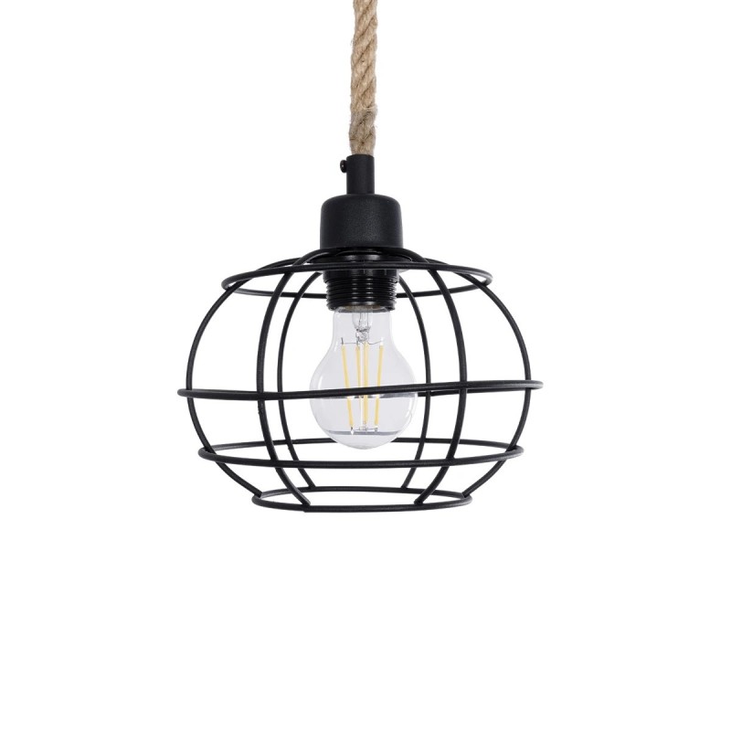 GloboStar® TALAH 203-0008 Vintage Κρεμαστό Φωτιστικό Σχοινί Μονόφωτο 1 x E27 IP20 Μαύρο Μέταλλο με Μπεζ Σχοινί - Μ20 x Π20 x Υ20cm