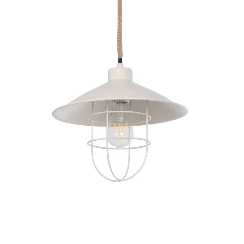 GloboStar® TULUB 203-0010 Vintage Κρεμαστό Φωτιστικό Καμπάνα Μονόφωτο 1 x E27 IP20 Λευκό Μέταλλο με Μπεζ Σχοινί - Μ33 x Π33 x Υ30cm