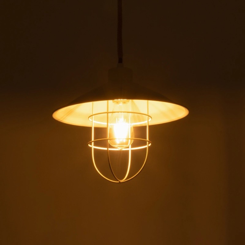 GloboStar® TULUB 203-0010 Vintage Κρεμαστό Φωτιστικό Καμπάνα Μονόφωτο 1 x E27 IP20 Λευκό Μέταλλο με Μπεζ Σχοινί - Μ33 x Π33 x Υ30cm