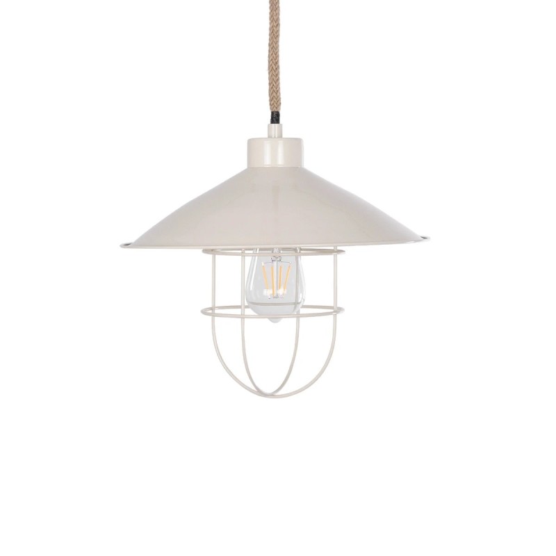 GloboStar® TULUB 203-0010 Vintage Κρεμαστό Φωτιστικό Καμπάνα Μονόφωτο 1 x E27 IP20 Λευκό Μέταλλο με Μπεζ Σχοινί - Μ33 x Π33 x Υ30cm