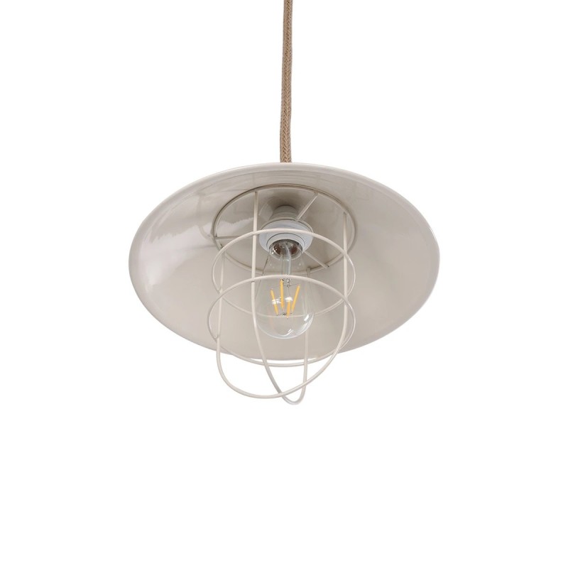 GloboStar® TULUB 203-0010 Vintage Κρεμαστό Φωτιστικό Καμπάνα Μονόφωτο 1 x E27 IP20 Λευκό Μέταλλο με Μπεζ Σχοινί - Μ33 x Π33 x Υ30cm