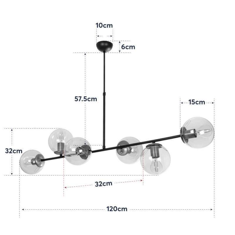 GloboStar® LATTICE 203-0017 Μοντέρνο Κρεμαστό Φωτιστικό Ράγα Πολύφωτο 6 x E27 IP20 Μαύρο & Μπρούτζινο Μέταλλο με Mελί Γυαλί - Μ120 x Π32 x Υ32cm