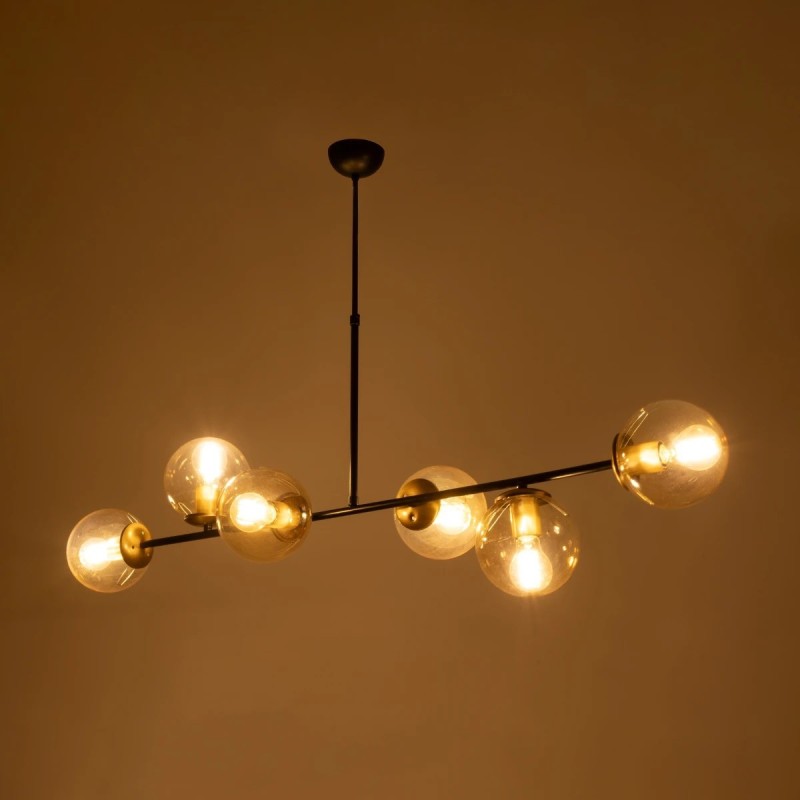 GloboStar® LATTICE 203-0017 Μοντέρνο Κρεμαστό Φωτιστικό Ράγα Πολύφωτο 6 x E27 IP20 Μαύρο & Μπρούτζινο Μέταλλο με Mελί Γυαλί - Μ120 x Π32 x Υ32cm