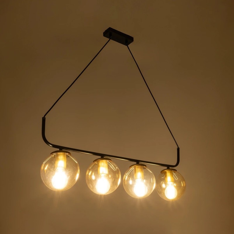 GloboStar® LATTICE 203-0018 Μοντέρνο Κρεμαστό Φωτιστικό Ράγα Πολύφωτο 4 x E27 IP20 Μαύρο & Μπρούτζινο Μέταλλο με Mελί Γυαλί - Μ78 x Π15 x Υ81cm