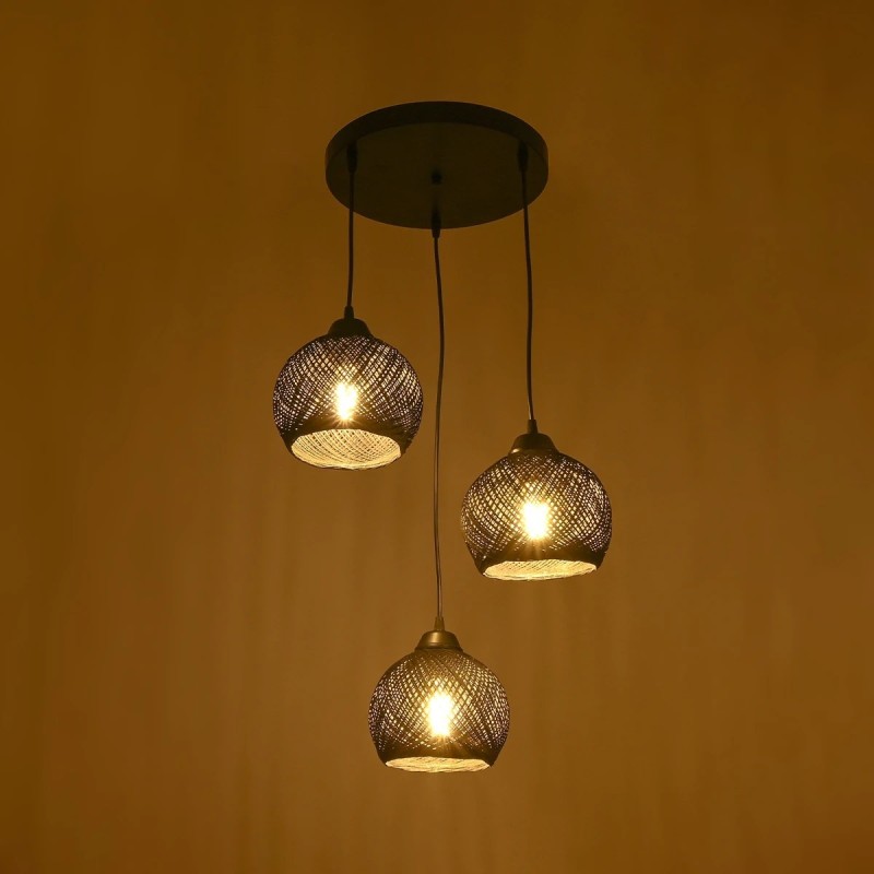 GloboStar® YASAM 203-0022 Vintage Κρεμαστό Φωτιστικό Πλέγμα Τρίφωτο 3 x E27 IP20 Μαύρο Ρατάν - Μ42 x Π42 x Υ54cm