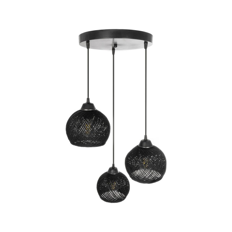 GloboStar® YASAM 203-0022 Vintage Κρεμαστό Φωτιστικό Πλέγμα Τρίφωτο 3 x E27 IP20 Μαύρο Ρατάν - Μ42 x Π42 x Υ54cm
