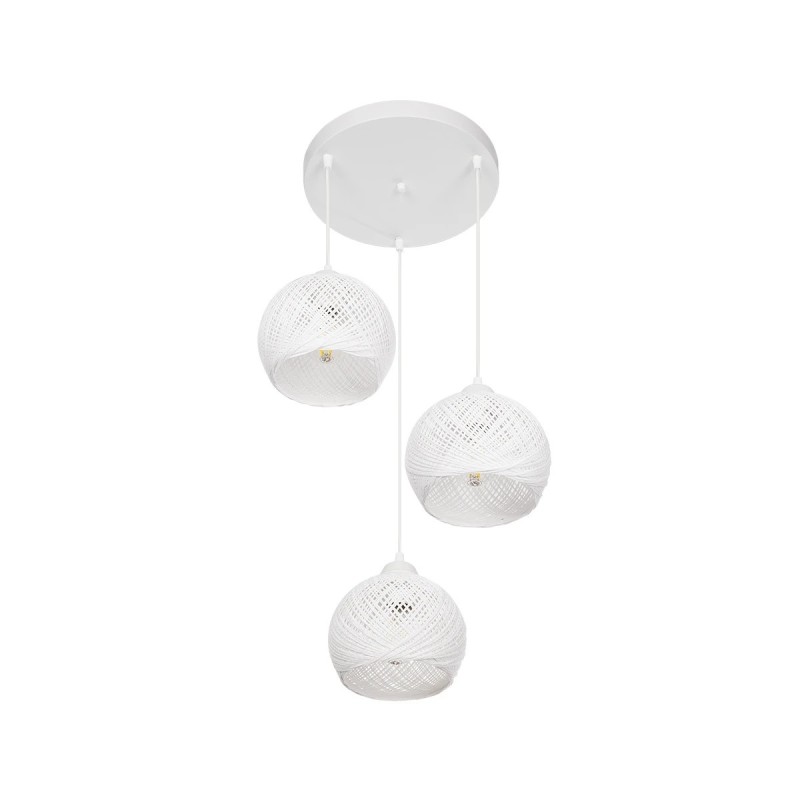 GloboStar® YASAM 203-0023 Vintage Κρεμαστό Φωτιστικό Πλέγμα Τρίφωτο 3 x E27 IP20 Λευκό Ρατάν - Μ42 x Π42 x Υ54cm