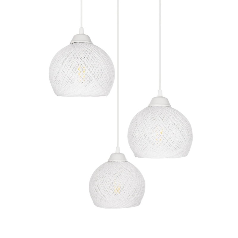 GloboStar® YASAM 203-0023 Vintage Κρεμαστό Φωτιστικό Πλέγμα Τρίφωτο 3 x E27 IP20 Λευκό Ρατάν - Μ42 x Π42 x Υ54cm