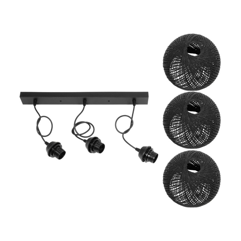 GloboStar® YASAM 203-0026 Vintage Κρεμαστό Φωτιστικό Ράγα Τρίφωτο 3 x E27 IP20 Μαύρο Ρατάν - Μ45 x Π18 x Υ30cm