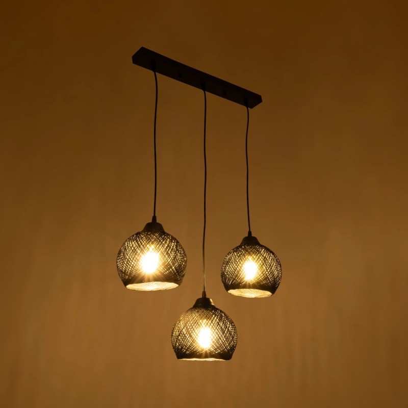 GloboStar® YASAM 203-0026 Vintage Κρεμαστό Φωτιστικό Ράγα Τρίφωτο 3 x E27 IP20 Μαύρο Ρατάν - Μ45 x Π18 x Υ30cm