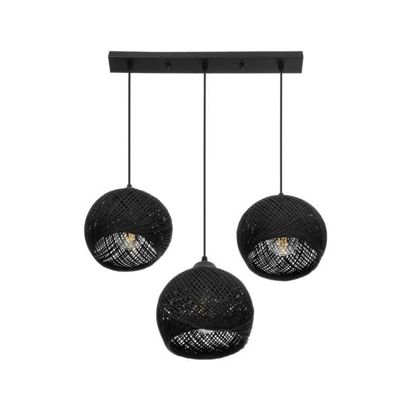 GloboStar® YASAM 203-0026 Vintage Κρεμαστό Φωτιστικό Ράγα Τρίφωτο 3 x E27 IP20 Μαύρο Ρατάν - Μ45 x Π18 x Υ30cm