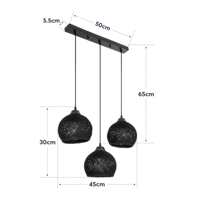 GloboStar® YASAM 203-0027 Vintage Κρεμαστό Φωτιστικό Ράγα Τρίφωτο 3 x E27 IP20 Λευκό Ρατάν - Μ45 x Π18 x Υ30cm