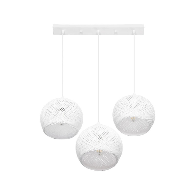 GloboStar® YASAM 203-0027 Vintage Κρεμαστό Φωτιστικό Ράγα Τρίφωτο 3 x E27 IP20 Λευκό Ρατάν - Μ45 x Π18 x Υ30cm