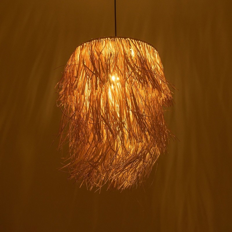 GloboStar® WEG 203-0036 Boho Κρεμαστό Φωτιστικό Καπέλο Μονόφωτο 1 x E27 IP20 Μπέζ Raffia - M45 x Π45 x Υ53cm