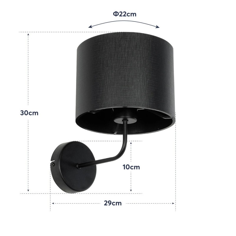 GloboStar® RALPH 203-0038 Vintage Επιτοίχιο Φωτιστικό Απλίκα Μονόφωτο 1 x E27 IP20 Μαύρο Μέταλλο με Μαύρο Ύφασμα - Μ22 x Π29 x Υ30cm